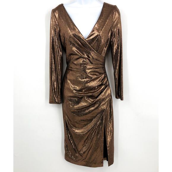 DRESS THE POPULATION Lois Metallic Bodycon Dress Small Gold Long Sleeve NWOT - Picture 4 of 7